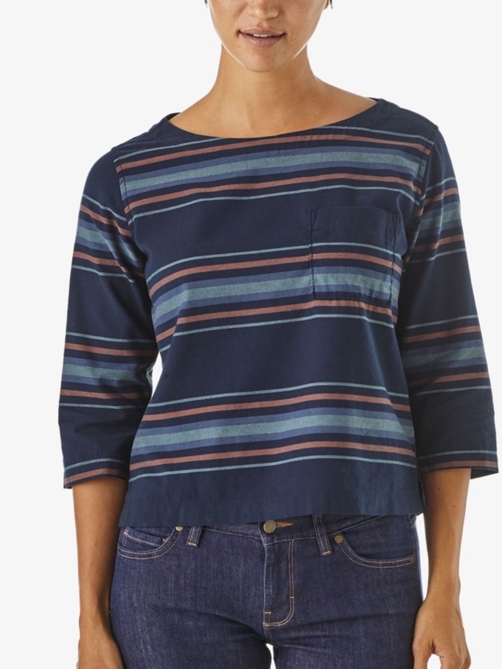 Patagonia Catbells Green Stripe 3/4 Sleeve Shirt Organic Cotton Medium
